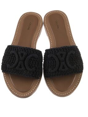 Celine Black Raffia Braided Logo Slide Sandals